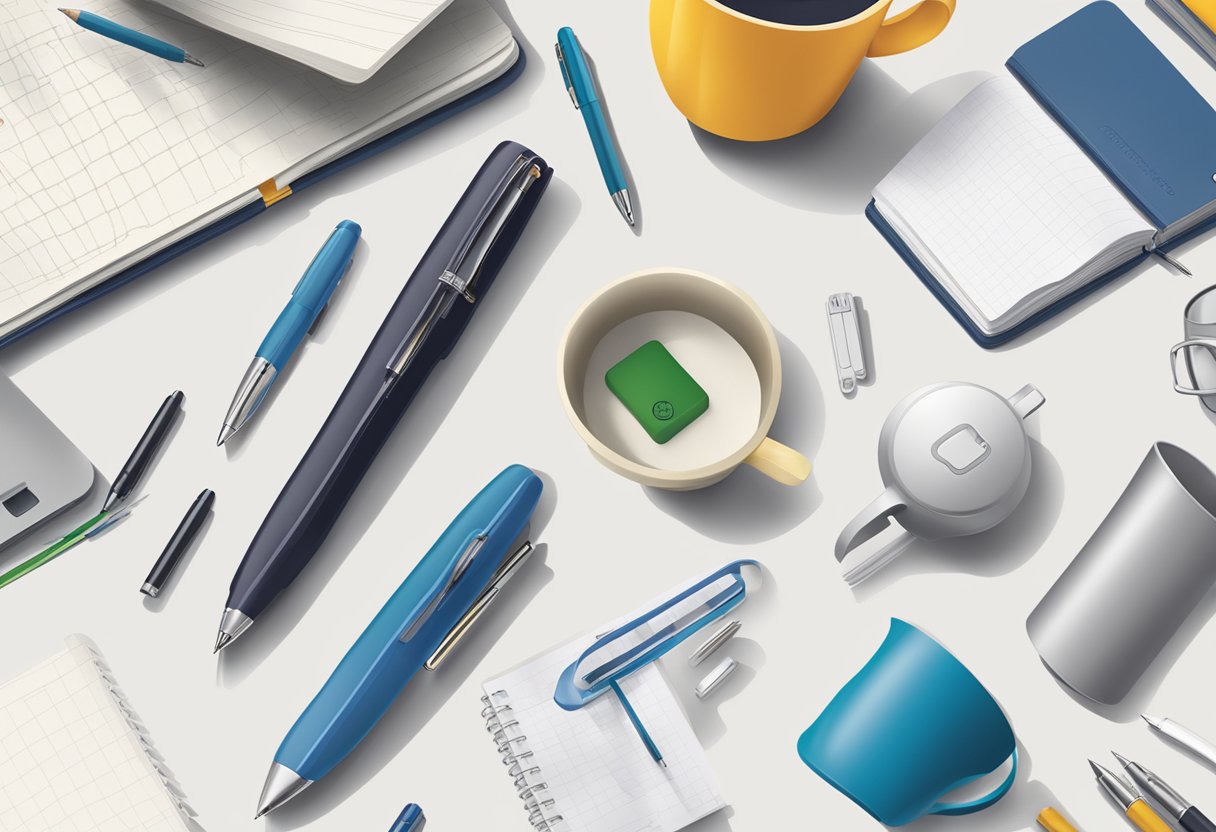 A table displaying various branded items: pens, mugs, and notebooks. Company logo prominently featured on each item