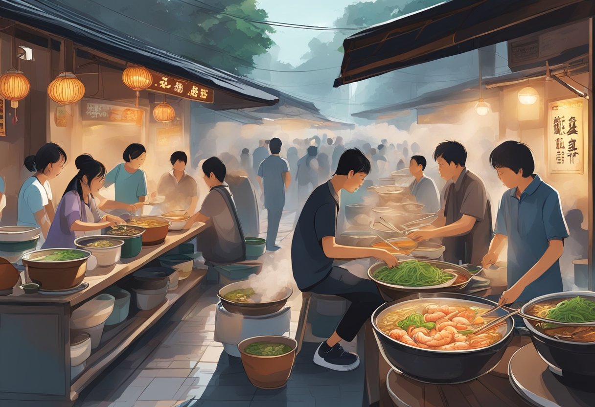 A bustling hawker stall, steam rising from bowls of rich, aromatic prawn mee soup, surrounded by hungry customers and the sounds of sizzling woks