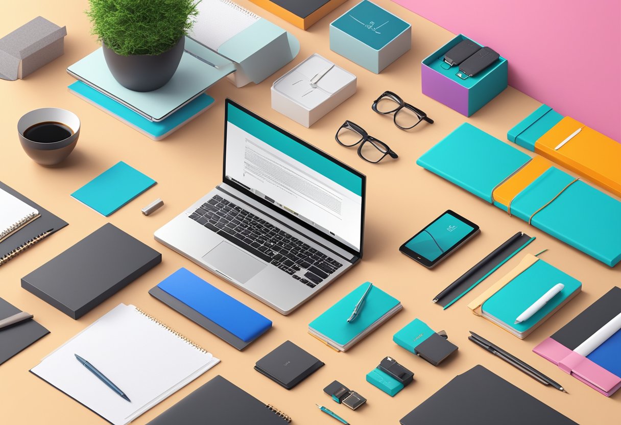 A modern office desk with sleek, personalized tech gadgets and elegant stationery, surrounded by vibrant branding materials and a stylish gift box