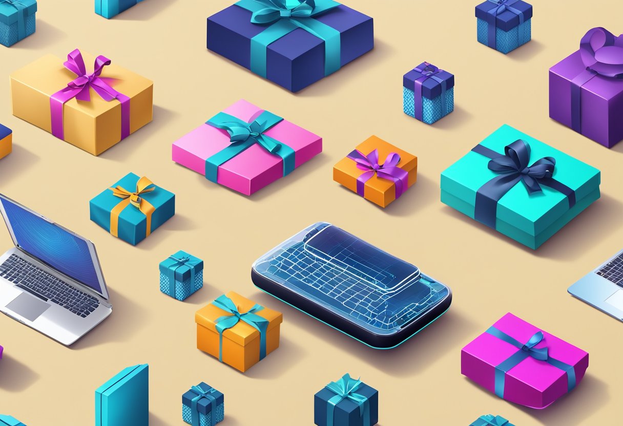 A digital gift box morphing into modern tech gadgets and virtual experiences, symbolizing the evolution of corporate gifting