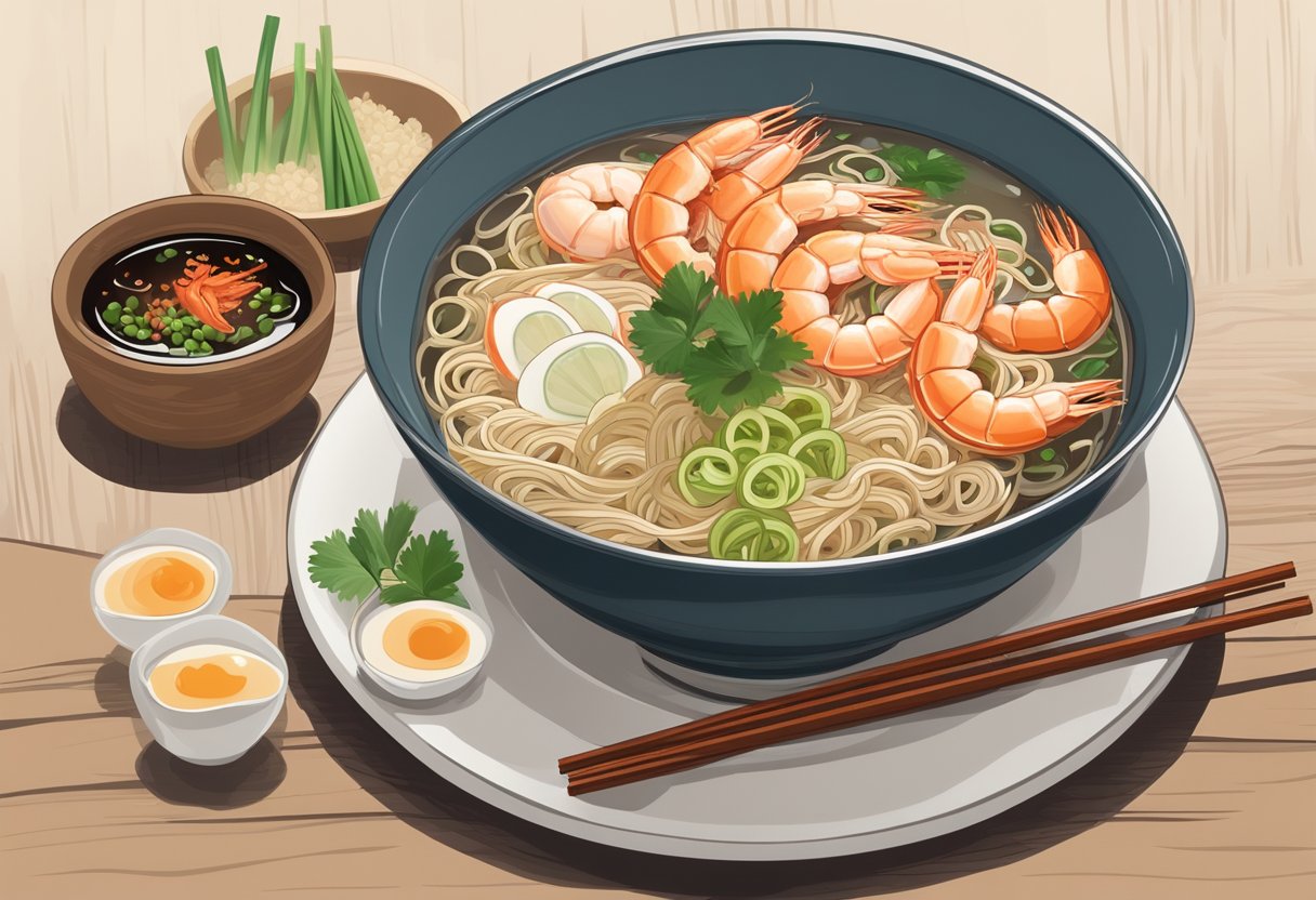 A steaming bowl of Prawn Mee sits on a rustic table, surrounded by fresh prawns, noodles, and a fragrant broth, with a sprinkle of spring onions and a dash of chili oil on top