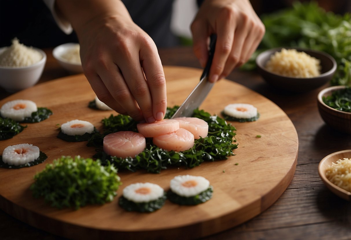 A chef slices narutomaki fish cake into thin rounds on a wooden cutting board, surrounded by ingredients like fish paste and seaweed