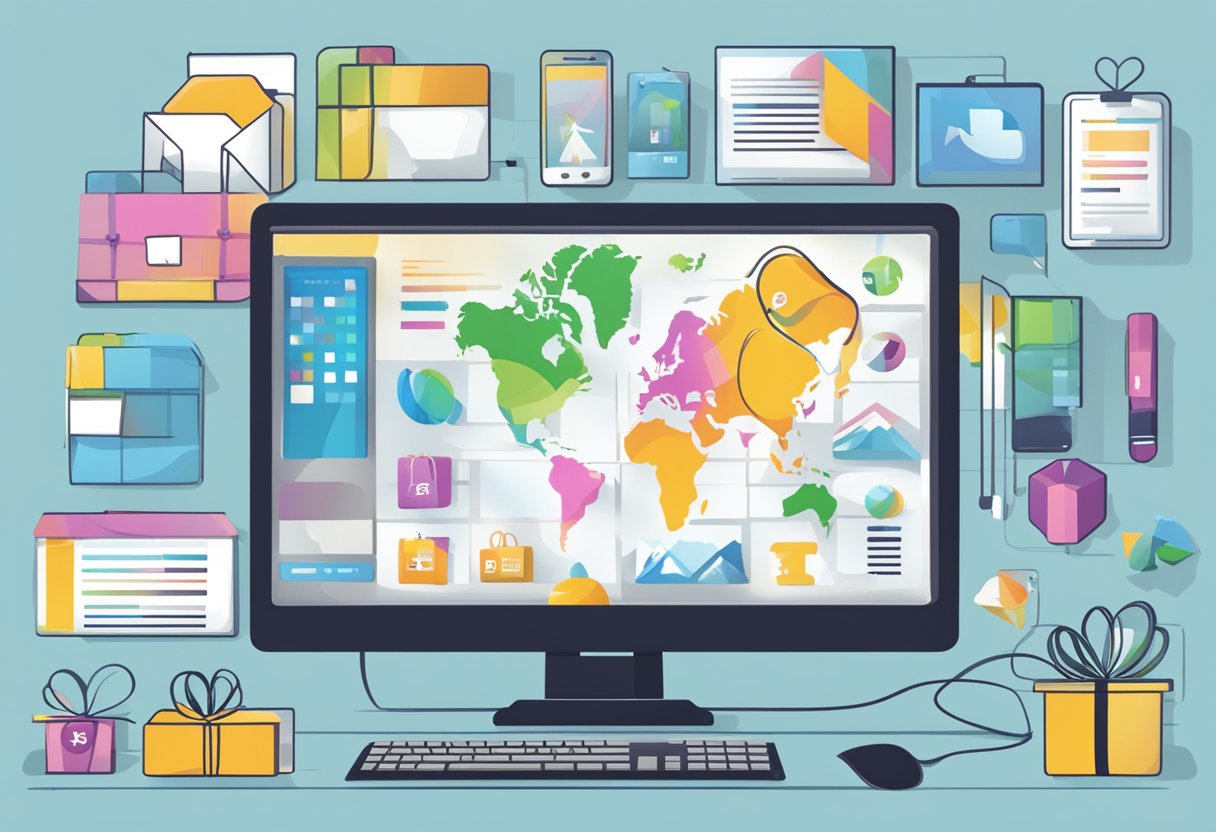 A computer screen displaying a variety of digital corporate gifts, with a company logo in the background