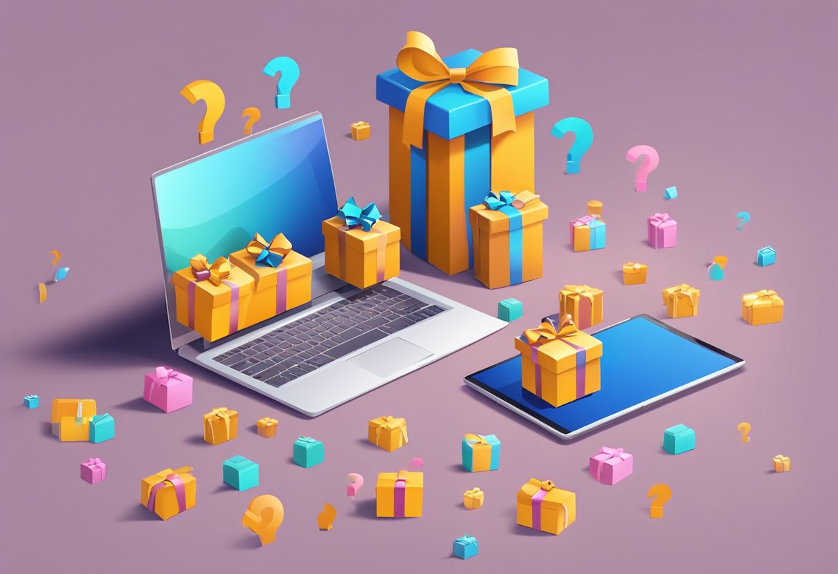 A digital gift box surrounded by question marks, with a laptop and smartphone nearby