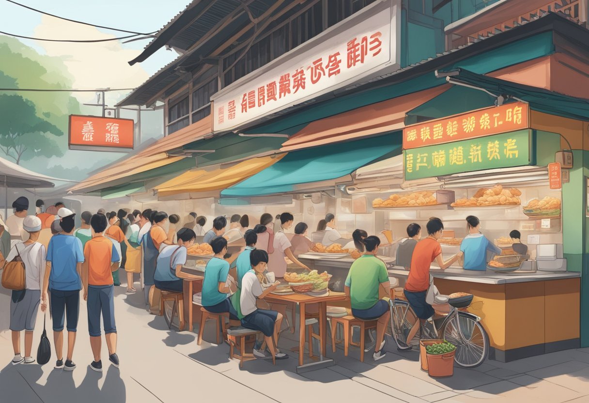 A bustling hawker center with steaming pots of prawn mee, customers lining up, and a sign reading "Frequently Asked Questions Old Airport Road Prawn Mee."