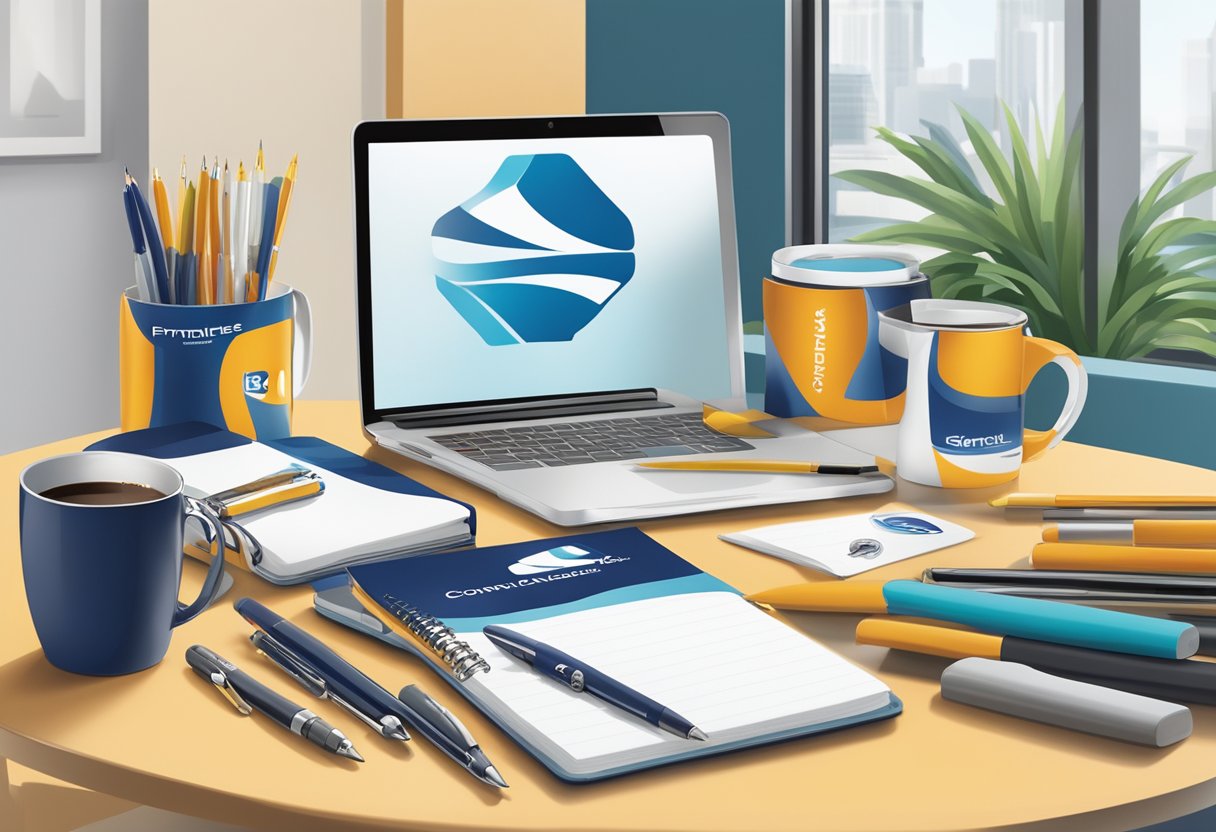 A table with branded corporate gifts - pens, mugs, and notebooks - displayed in an office setting with the company logo prominently featured