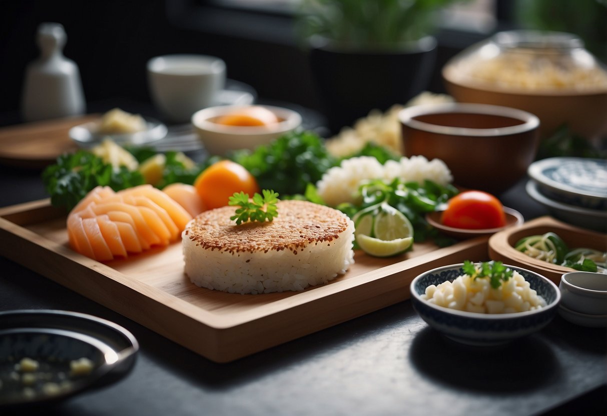 A table filled with ingredients and utensils for making narutomaki fish cake, with a recipe book open to the "Frequently Asked Questions" section