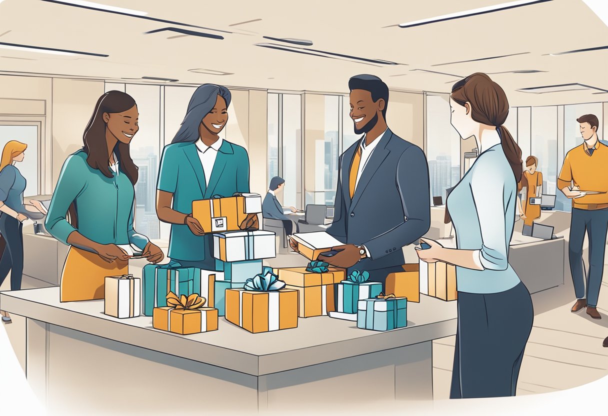 A group of employees exchanging branded gifts in a modern office setting. The gifts are displayed on a table with the company logo prominently featured