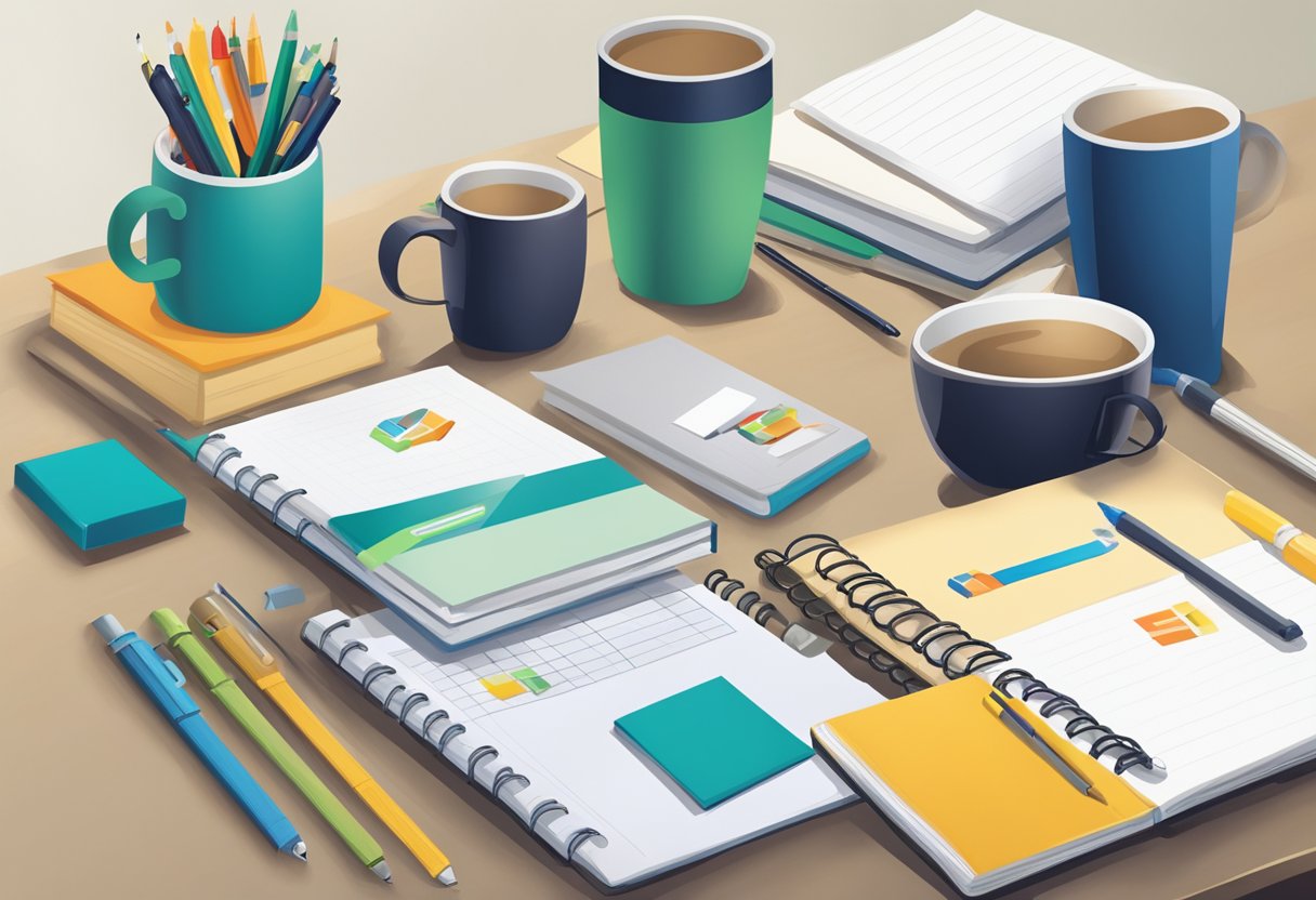 A table with branded gift items, such as pens, notebooks, and mugs, arranged neatly. A banner with "Strategies for Effective Corporate Gifting" hangs in the background