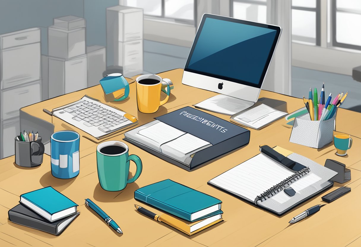 A table with various corporate gifts such as pens, mugs, and notebooks. A sign with "Frequently Asked Questions jd corporate gifts" is displayed prominently