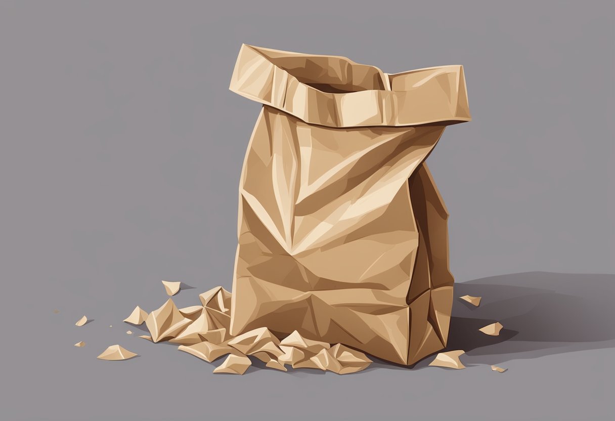 A crumpled paper bag lies on the ground