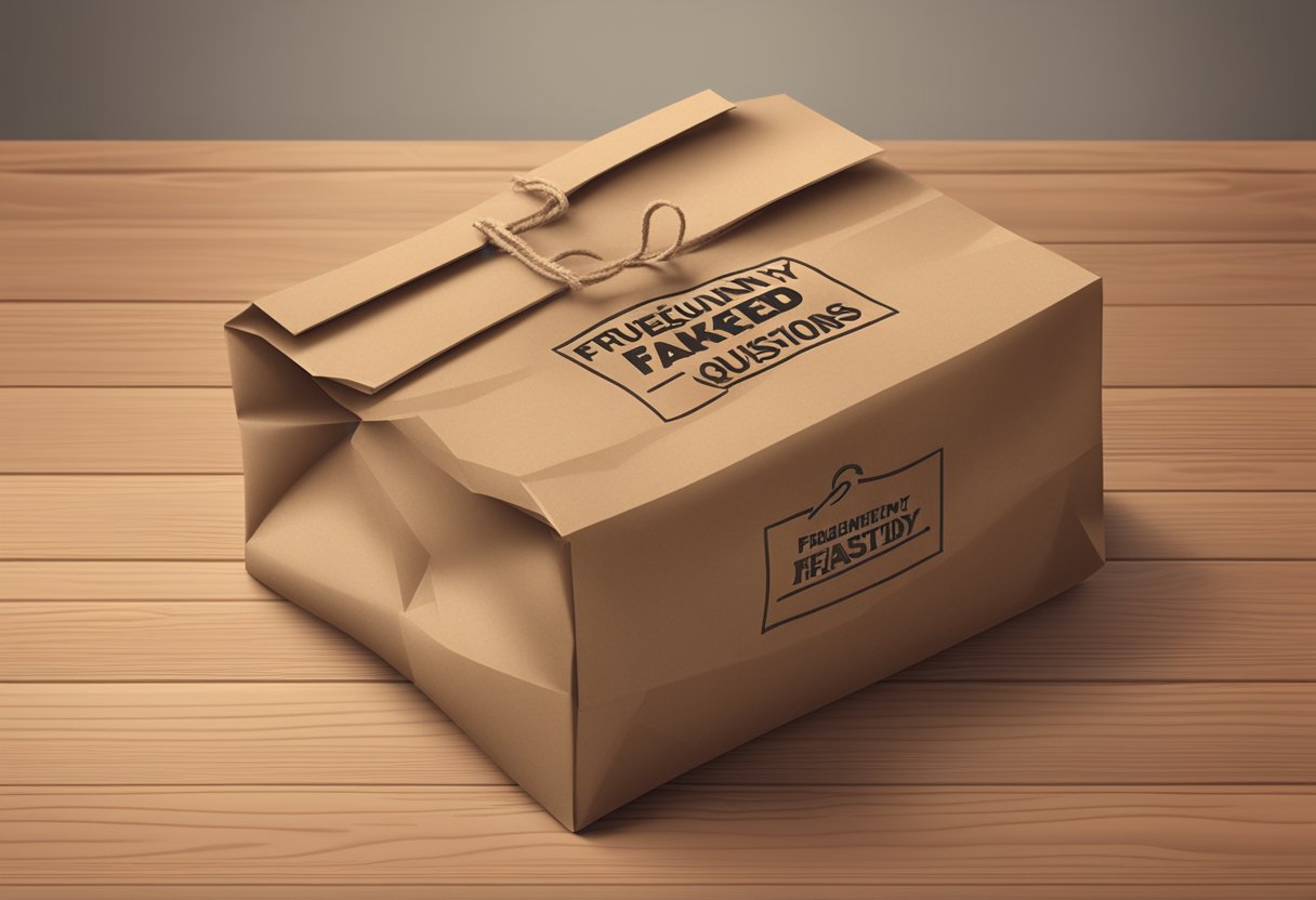 A brown paper bag with "Frequently Asked Questions" printed on it, lying on a table