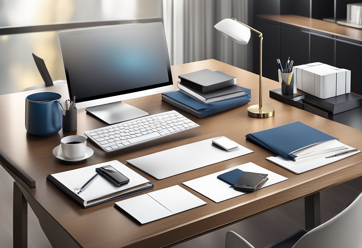 An elegant display of high-end corporate gifts arranged on a sleek, modern desk in a luxurious office setting