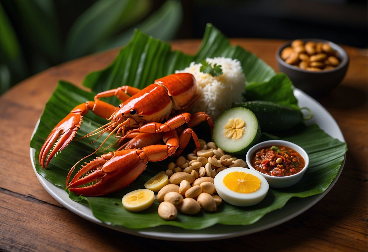 A platter of nasi lemak with a whole lobster, sambal, cucumber, peanuts, and anchovies, garnished with banana leaves, set on a wooden table