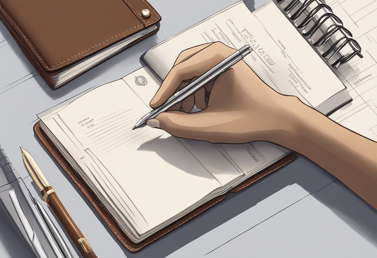A hand reaches for a sleek, silver pen atop a mahogany desk, surrounded by elegant leather-bound notebooks and a polished metal business card holder