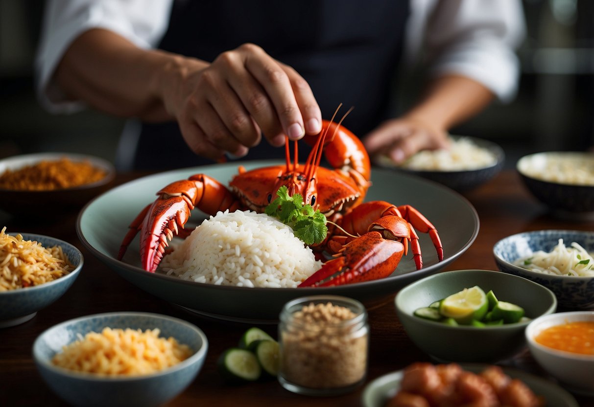 A chef uncovers a lavish nasi lemak lobster recipe, with aromatic coconut rice, succulent lobster, and an array of vibrant, flavorful condiments