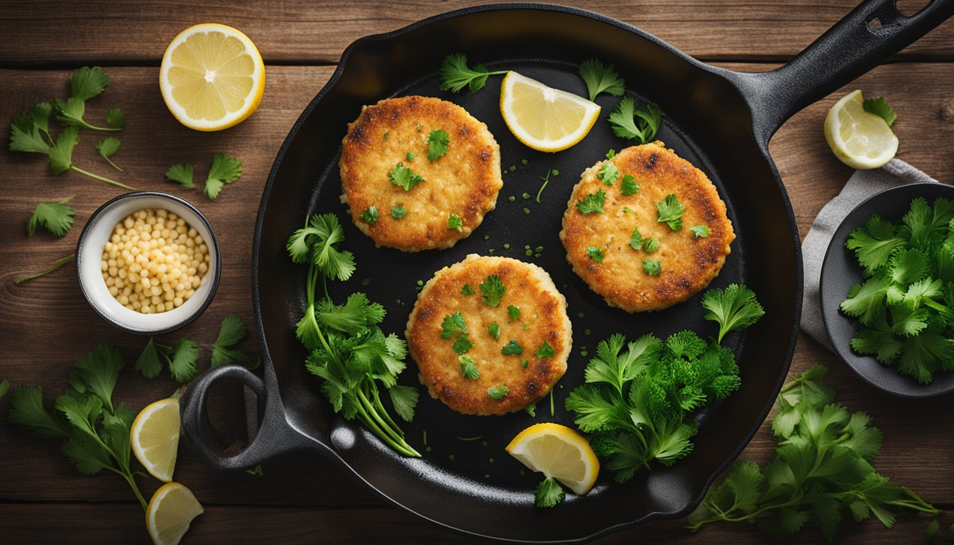 A plate of golden-brown cod fish cakes sizzling in a cast iron skillet. A sprinkle of parsley on top adds a pop of color