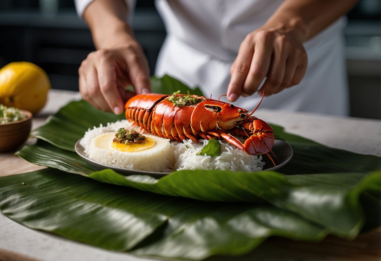 A chef prepares lobster nasi lemak, assembling coconut rice, spicy sambal, crispy anchovies, and a whole lobster on a banana leaf