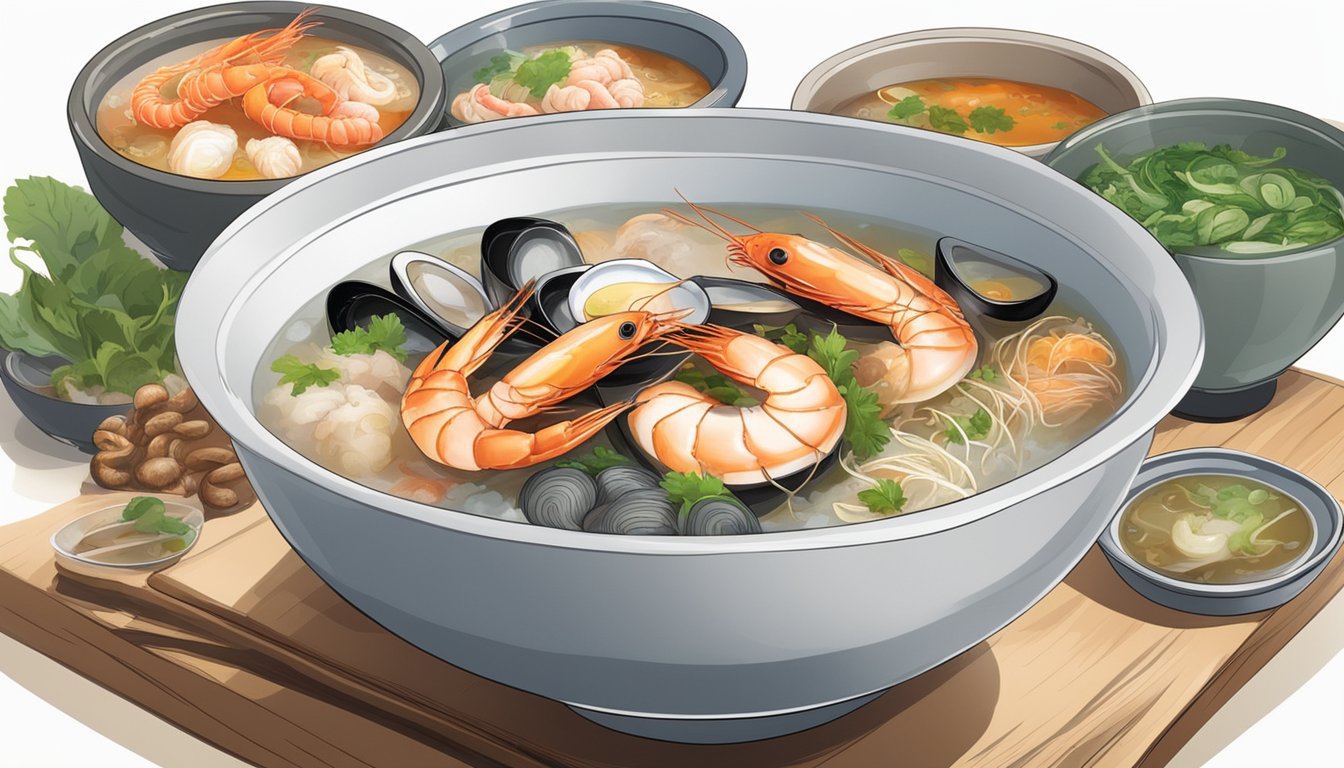 A steaming bowl of seafood soup sits on a table at Old Airport Road in Singapore. The rich broth is filled with a variety of fresh seafood, including prawns, fish, and squid. The aroma of herbs and spices fills the air, creating
