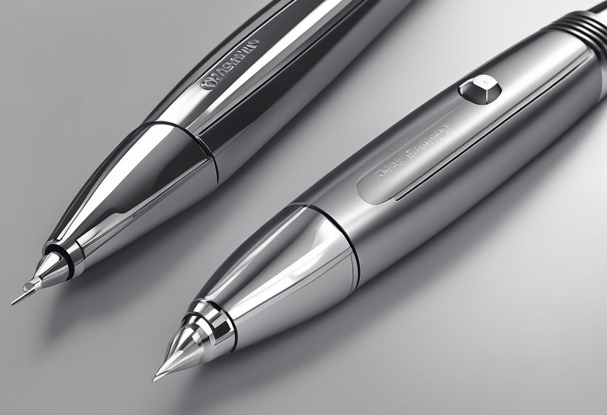 A laser engraver etches a company logo onto a sleek metal pen