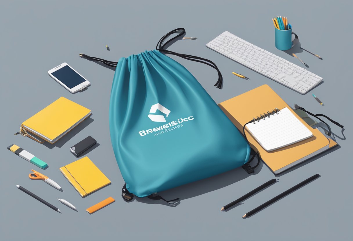 A drawstring bag with a corporate logo sits on a desk, surrounded by office supplies and a branded notebook