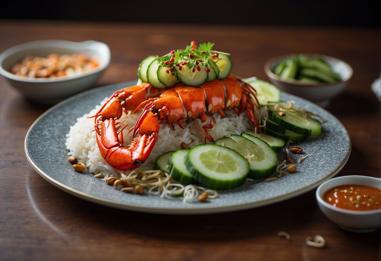 A steaming plate of nasi lemak topped with succulent lobster, surrounded by vibrant sambal, crispy anchovies, and fresh cucumber slices