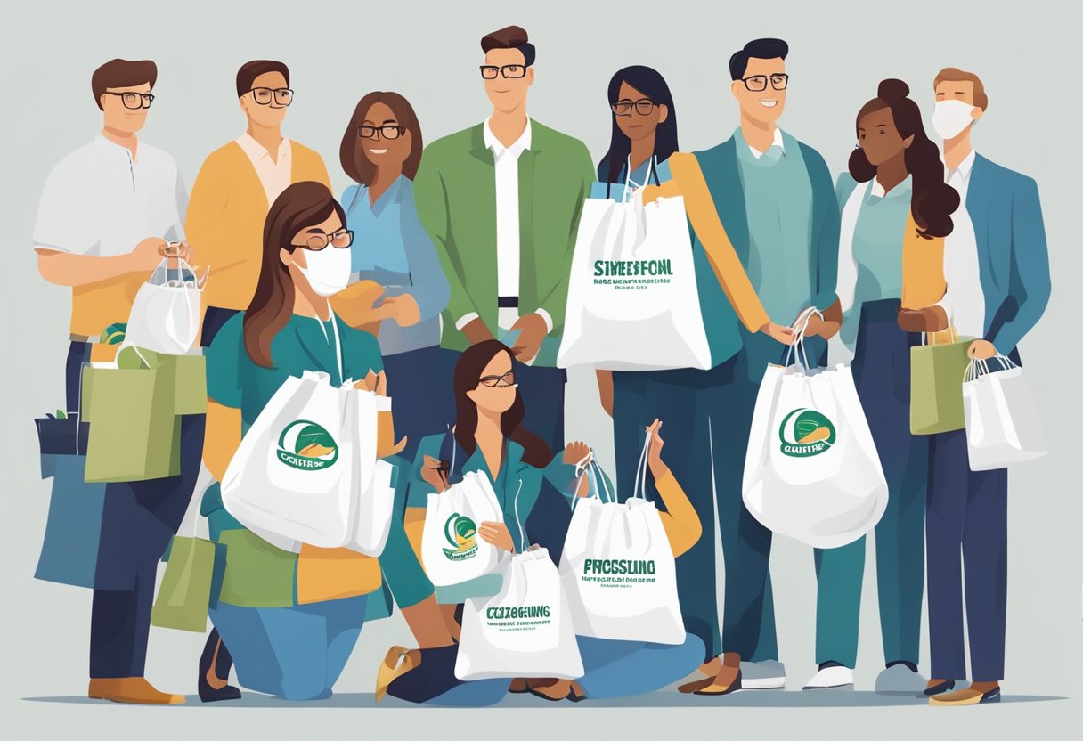 A group of professionals receiving drawstring bags as corporate gifts at a networking event. The bags are branded with the company's logo and filled with useful items