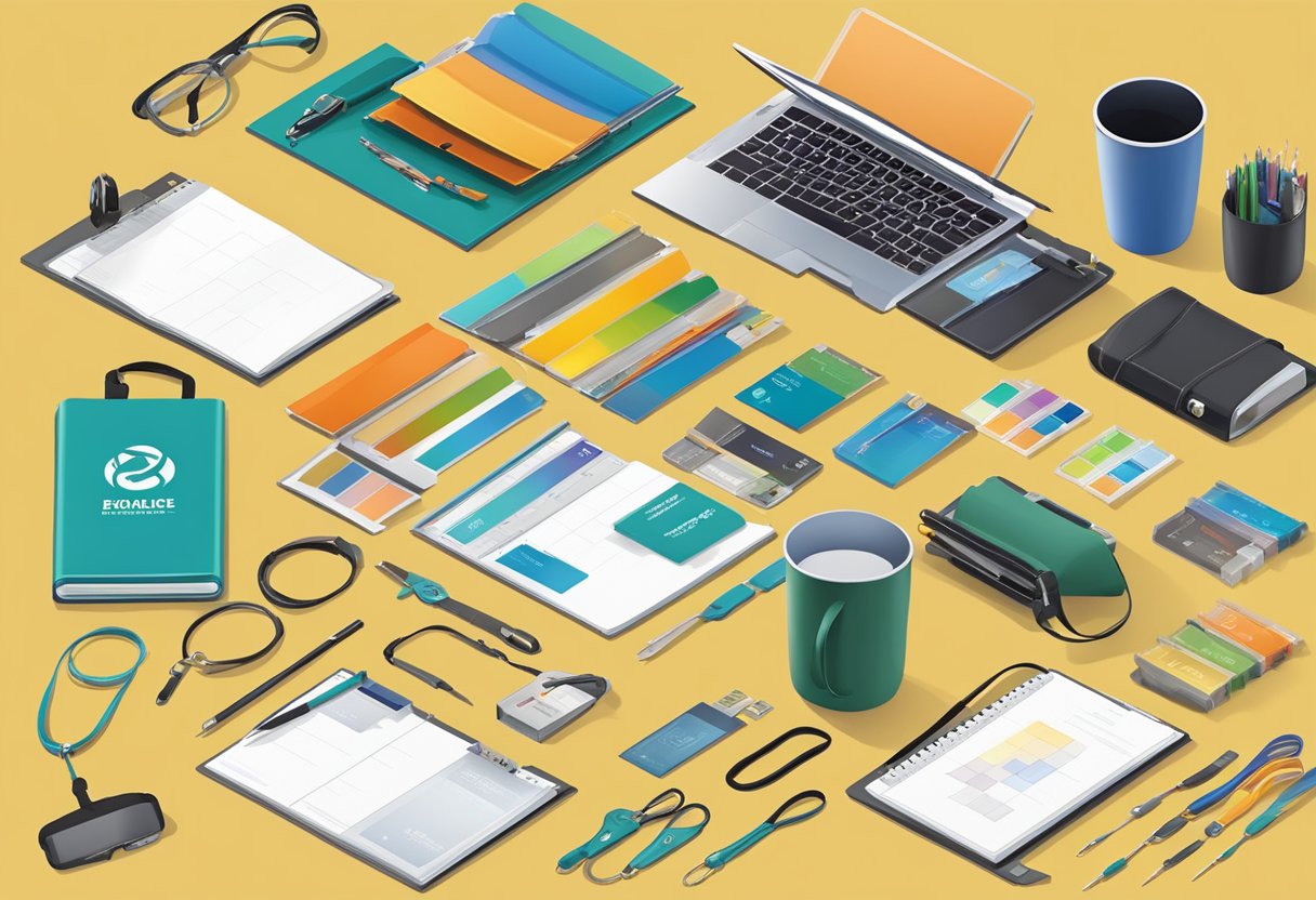 A table with various lanyard samples and customization tools. Company logos and colors displayed