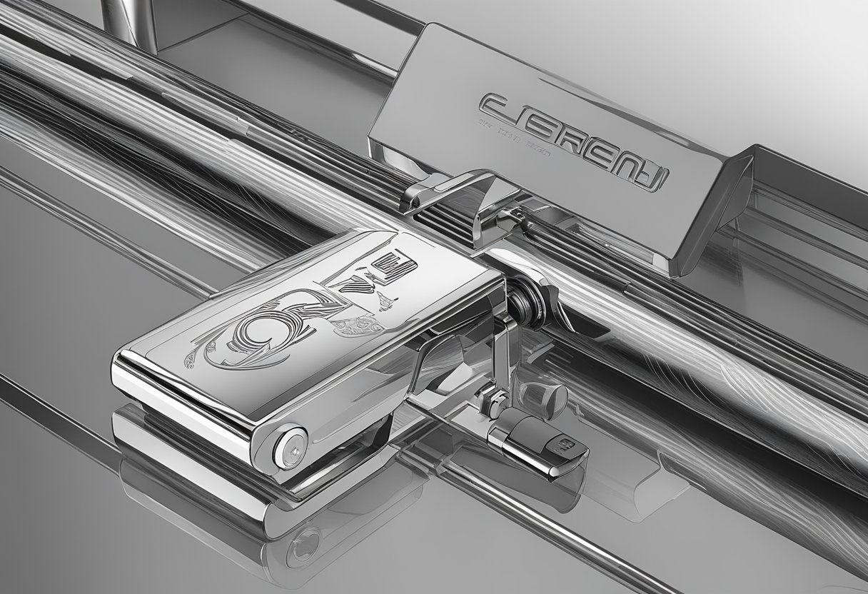 A laser engraving machine etches a logo onto a sleek metal pen, creating a personalized corporate gift