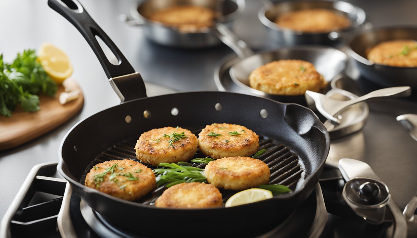 A skillet sizzles as cod fish cakes brown. A recipe book sits open, with "Cooking Instructions" in bold letters