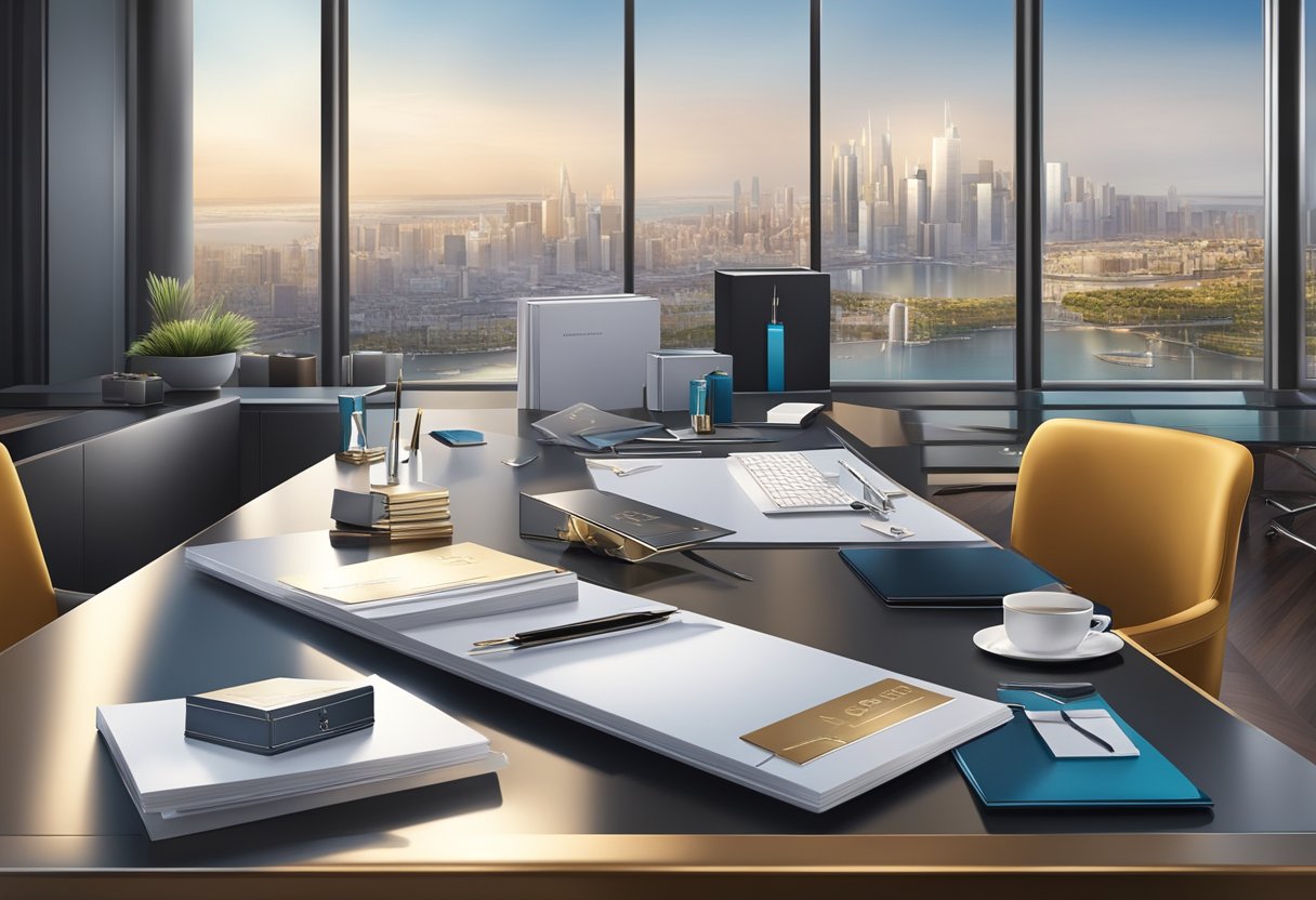 A sleek office desk adorned with elegant, high-end corporate gifts in luxurious packaging. A prestigious boardroom setting with a backdrop of city skyline