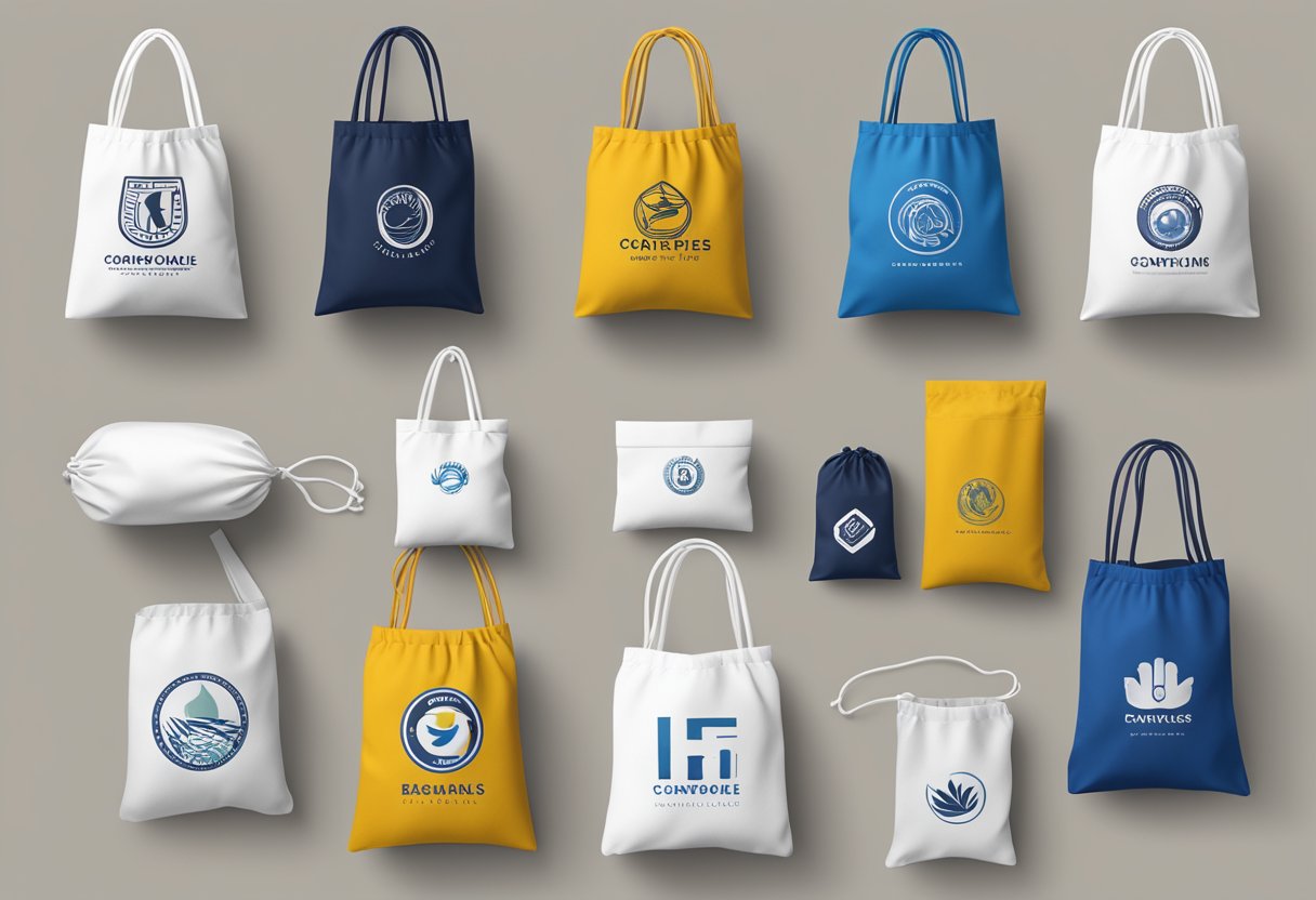 A hand reaches for a drawstring bag with a corporate logo. Various bag options are displayed on a table with branding samples