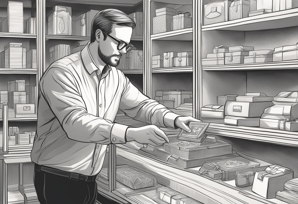 A person carefully choosing a laser-engraved corporate gift from a display of elegant and sophisticated items