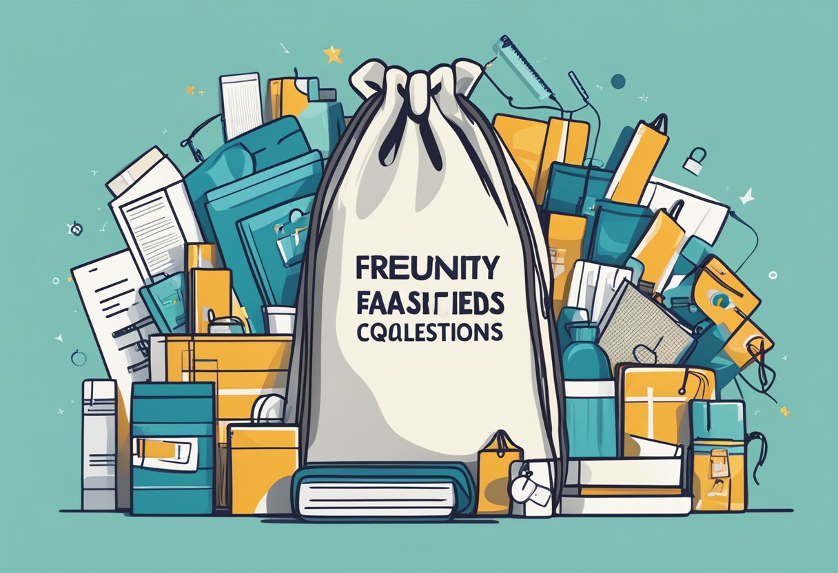 A drawstring bag with "Frequently Asked Questions" logo, surrounded by corporate gifts
