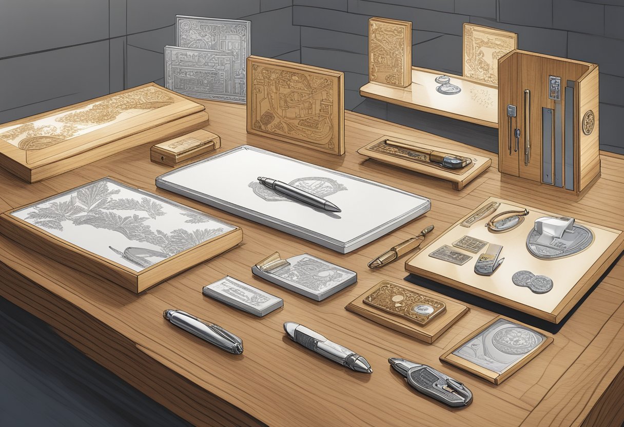 A table with various laser engraved corporate gifts, including plaques, pens, and keychains, displayed under bright lighting