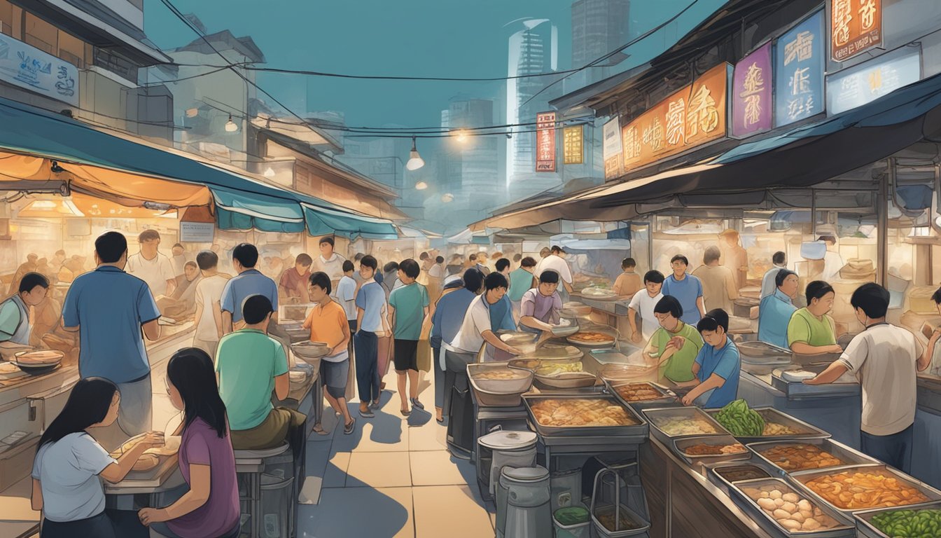 A steaming bowl of seafood soup surrounded by bustling hawker stalls at the Flavours old airport road in Singapore