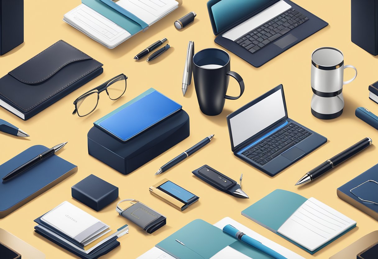 A sleek office desk adorned with high-end corporate gifts, including elegant pens, luxurious leather notebooks, and sophisticated tech gadgets