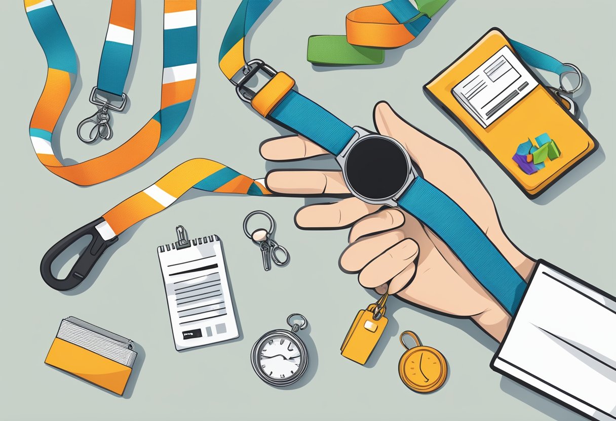 A hand reaches for a branded lanyard with "Frequently Asked Questions" text, surrounded by corporate gift items