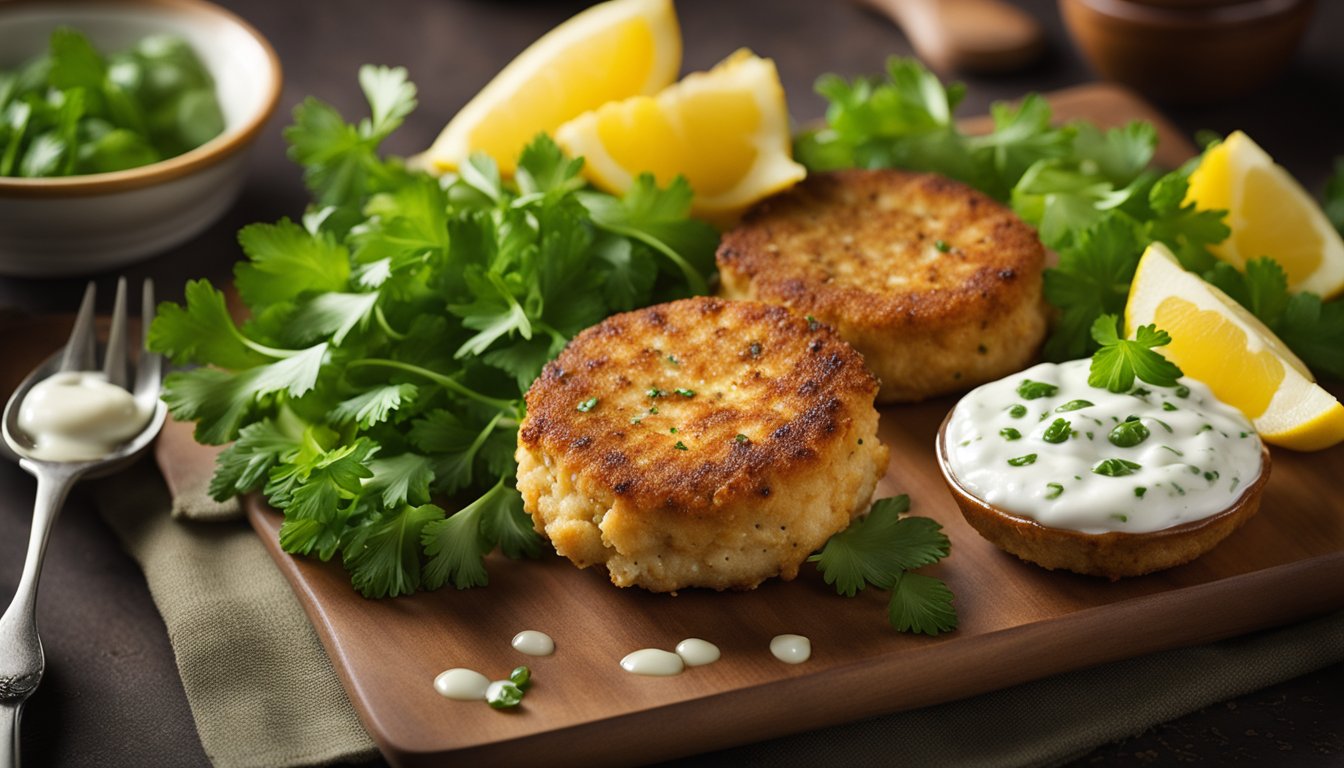 A plate of golden-brown cod fish cakes surrounded by a garnish of fresh parsley and a side of tangy tartar sauce