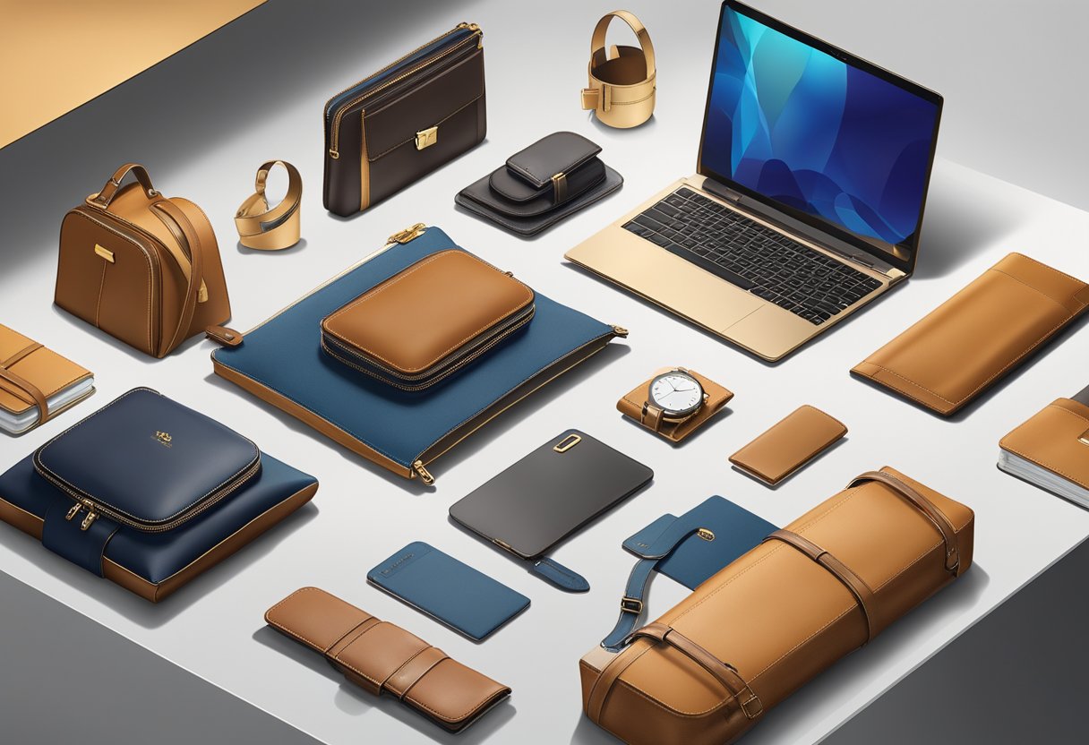 A table displays luxury corporate gifts for VIPs: branded leather goods, high-end tech gadgets, and elegant gift baskets