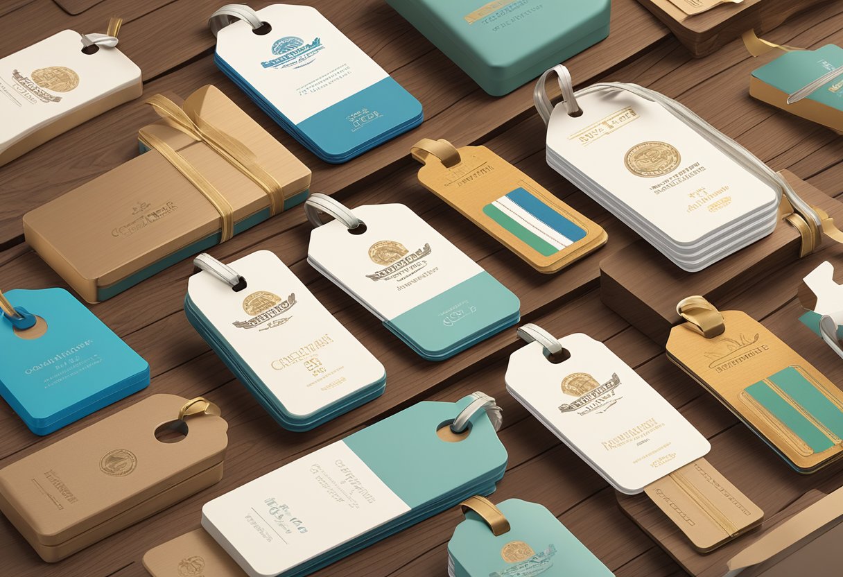 A stack of branded luggage tags displayed on a polished wooden table, surrounded by elegant corporate gift boxes and ribbon