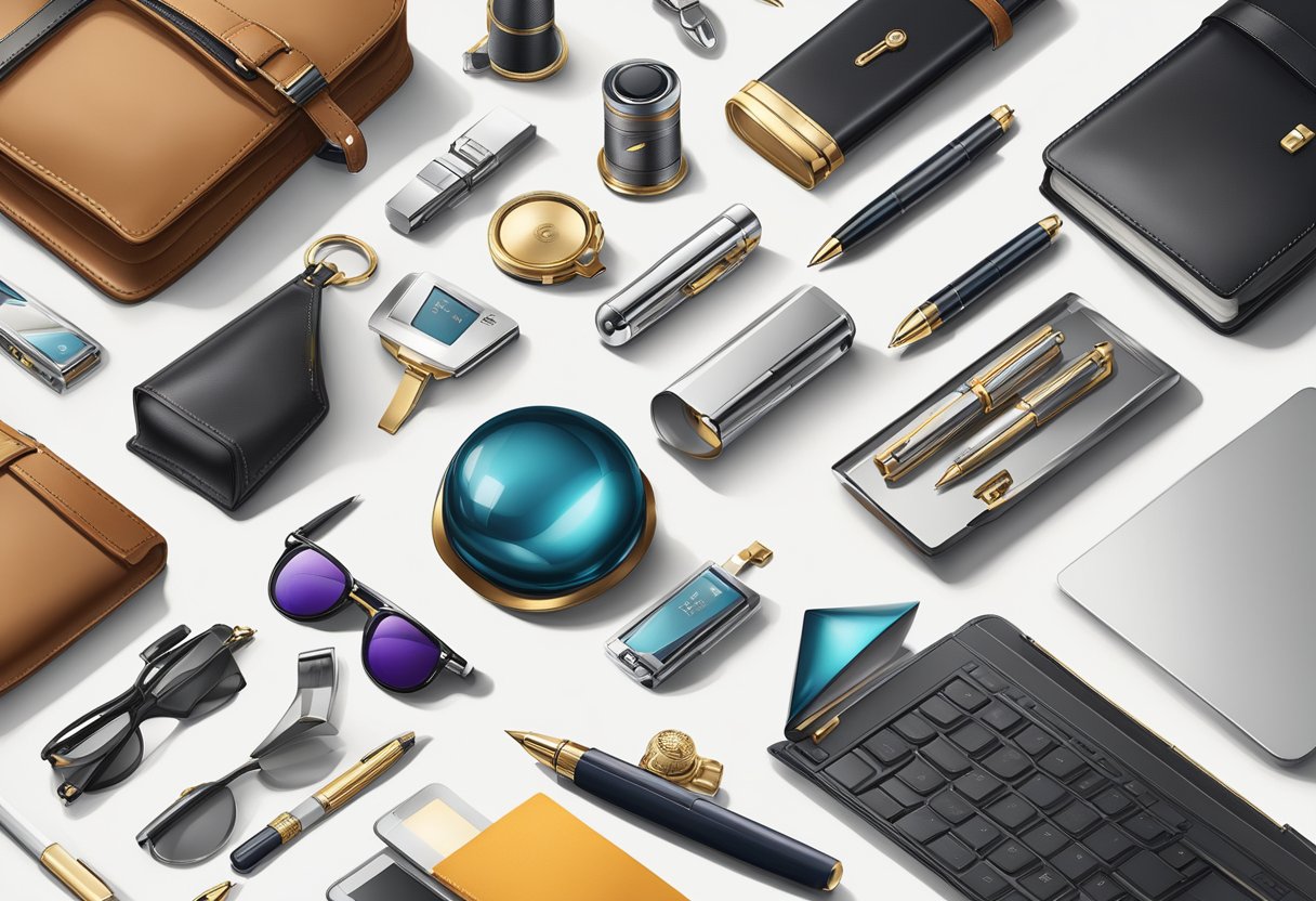 A table displaying a variety of high-end corporate gifts, such as luxury pens, elegant leather goods, and sophisticated tech gadgets