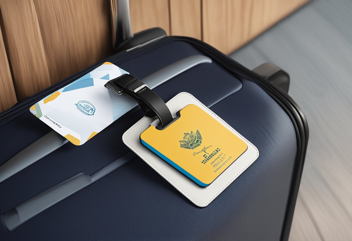 A sleek luggage tag with custom branding attached to a stylish suitcase, highlighting the practicality and professional appeal of corporate gifts