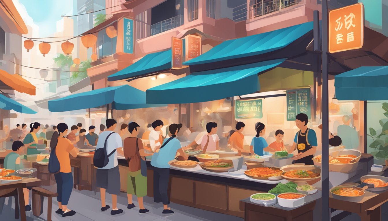 A bustling street food stall in Singapore serves up steaming bowls of seafood soup, surrounded by eager customers and colorful signage