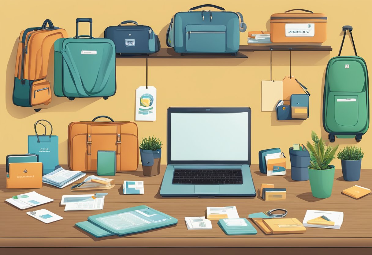 A table with various corporate gifts displayed, including branded luggage tags and a sign reading "Frequently Asked Questions."