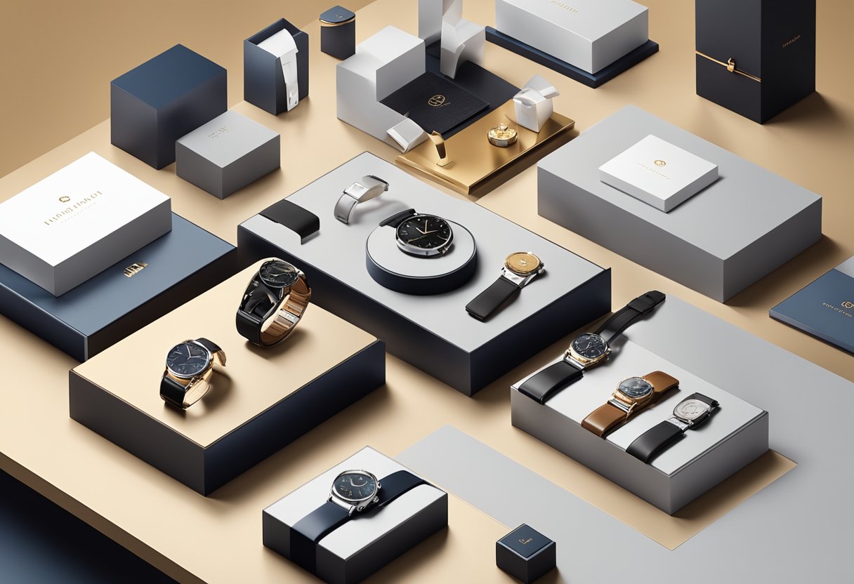A lavish gift display featuring luxury items like watches, fine wines, and high-end tech gadgets, arranged on a sleek, modern table with elegant branding