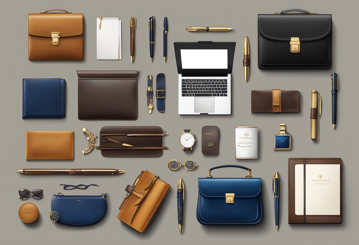 A table adorned with luxurious corporate gifts for VIPs, including elegant pens, exquisite leather goods, and personalized accessories