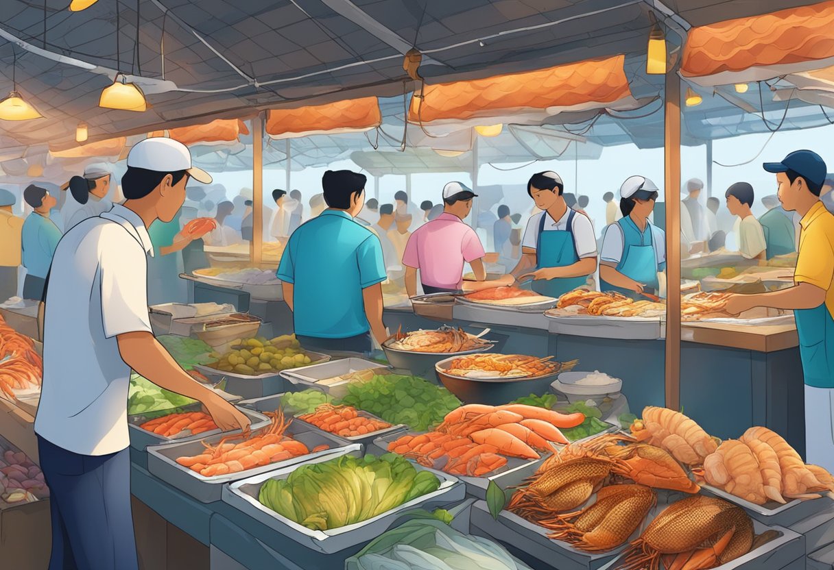 A bustling seafood market in Singapore, with colorful stalls and fresh catches on display. The aroma of grilled seafood fills the air as customers haggle with vendors