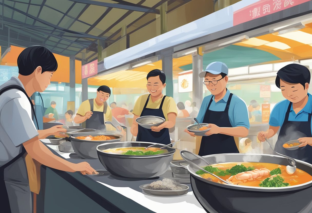 Customers savoring seafood soup at Old Kallang Airport Road Food Centre in Singapore. Aromatic steam rises from the bowls as vendors prepare fresh ingredients