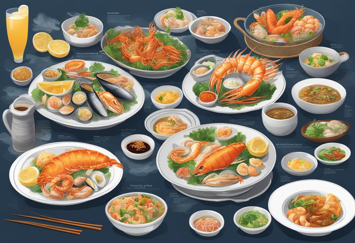 A spread of colorful seafood dishes on a restaurant table, with the menu "Menu Highlights old lai huat seafood singapore" prominently displayed
